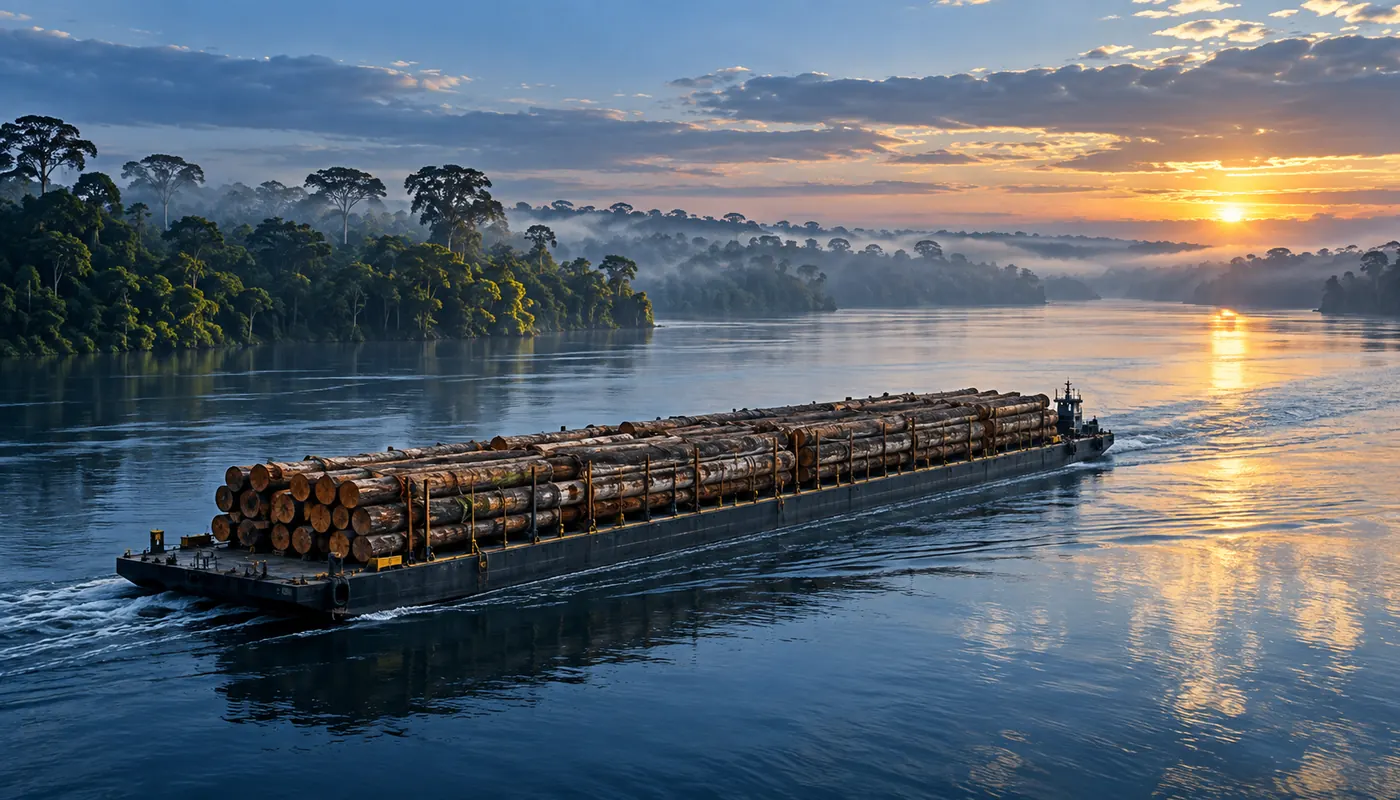 Balsa transportando toras de madeira tropical em rio amazônico ao amanhecer
