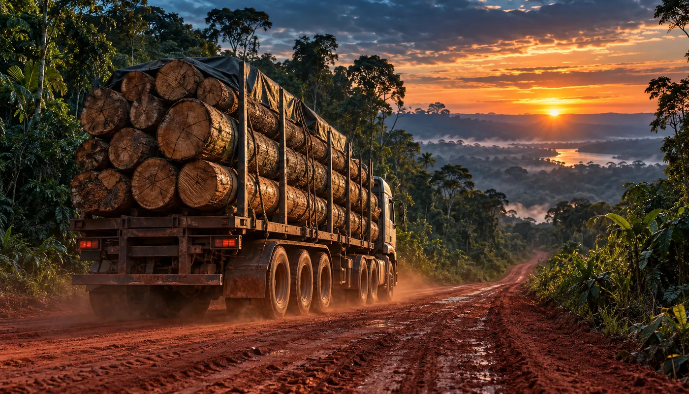 Caminhão carregado com toras na estrada florestal amazônica